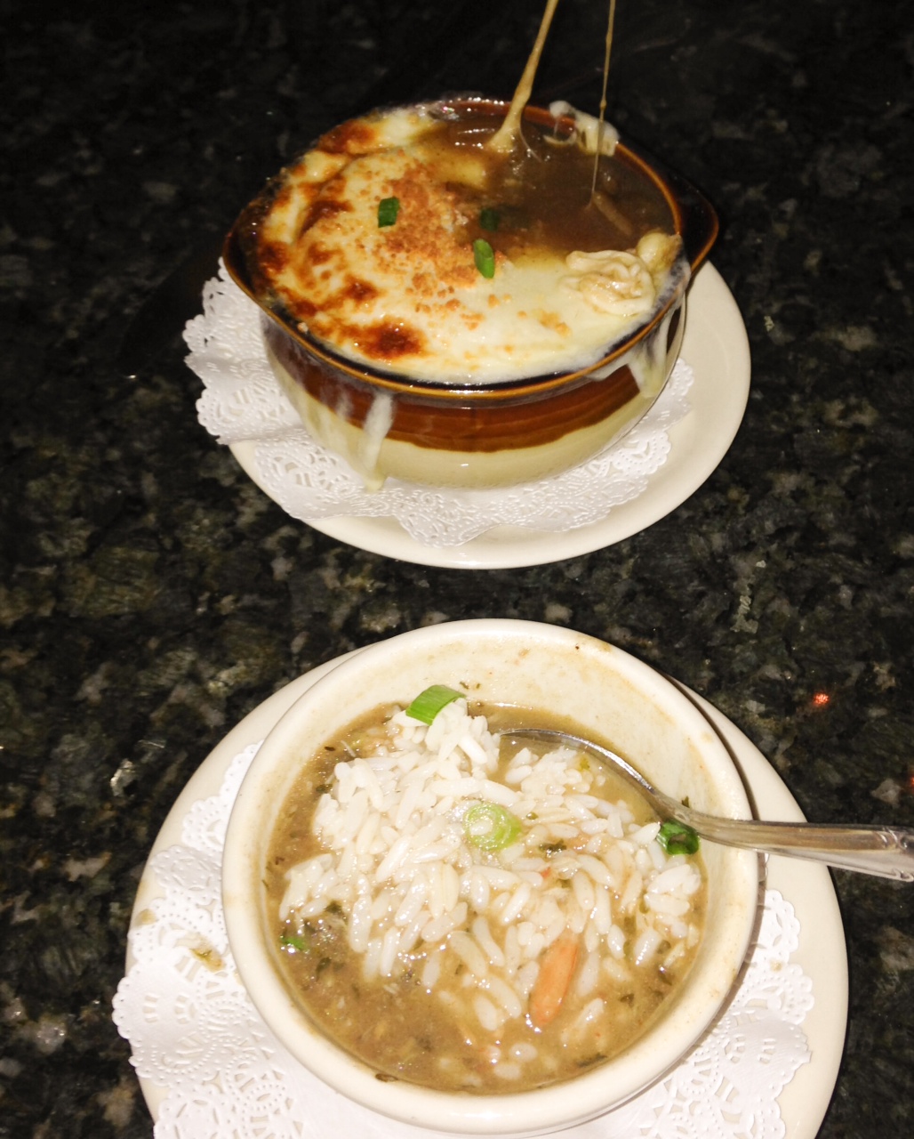 French Onion Soup and Seafood Gumbo at Royal House