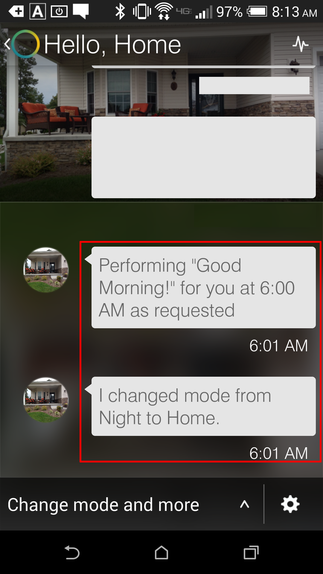 Smartthings App - Activity Feed - This activity shows that at 6:01 am, the "Good Morning" feature fired, setting the home hub to "Home" (our Day) mode.
