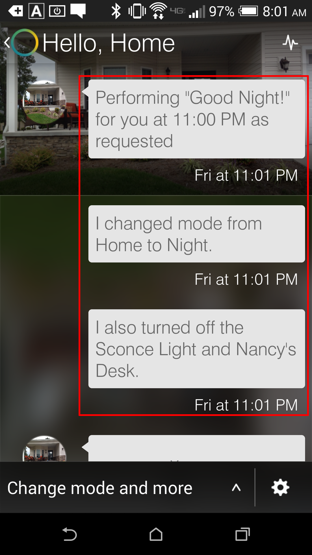 Smartthings App - Activity Feed - This activity shows that at 11:01 pm, the "Good Night" feature fired, setting the home hub to "Night" mode.  It also sent Off commands to various lighting.