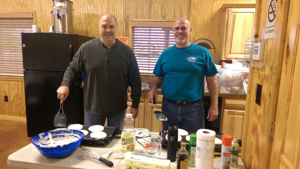 Jim B and Buddy R Cooking Pancakes