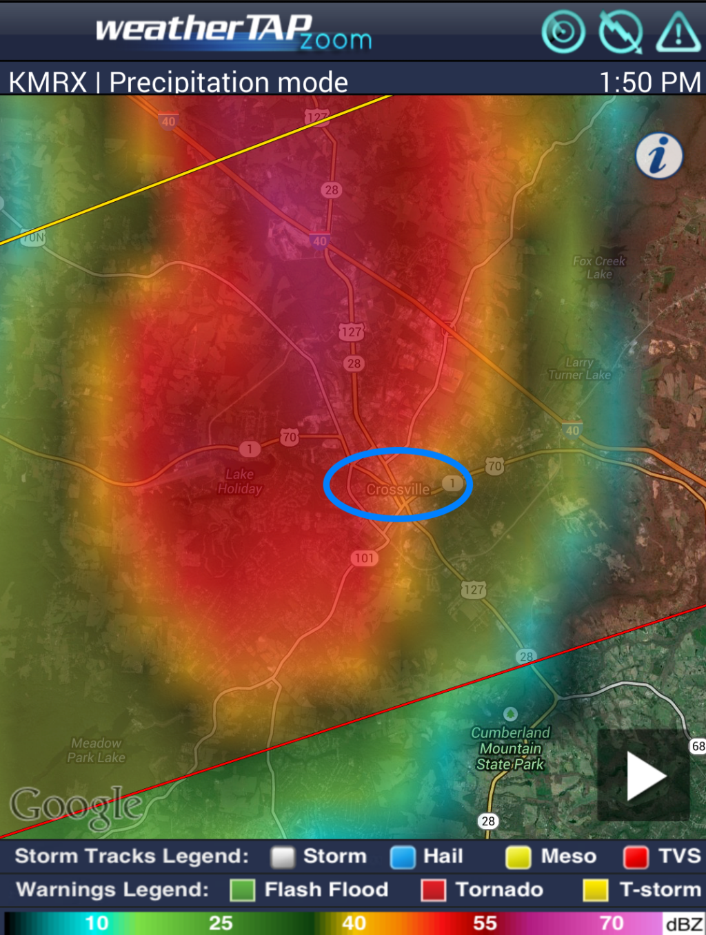 Storm Radar Image - Crossville is circled in blue.