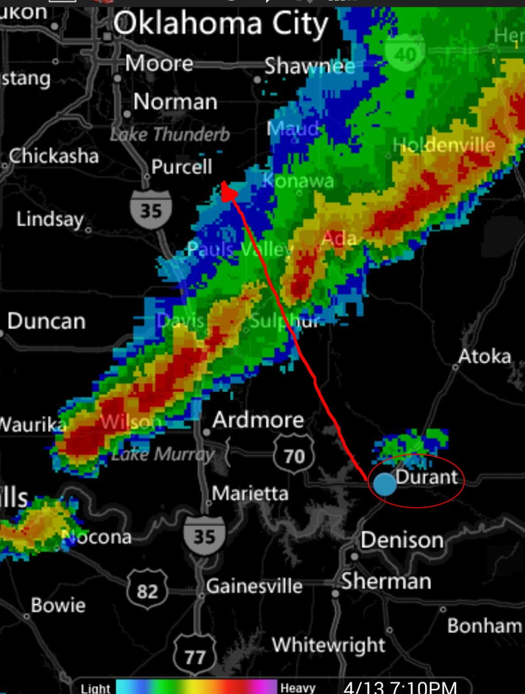 Here's the storm radar.  We're in Durant.  The red line and arrow shows the path the storm took and how we slipped between a split between the worst part of the storm.