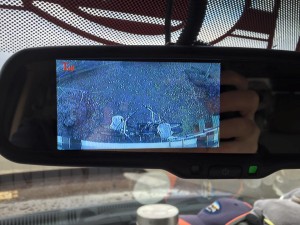 View of the bikes on the back of the RV from the backup camera.